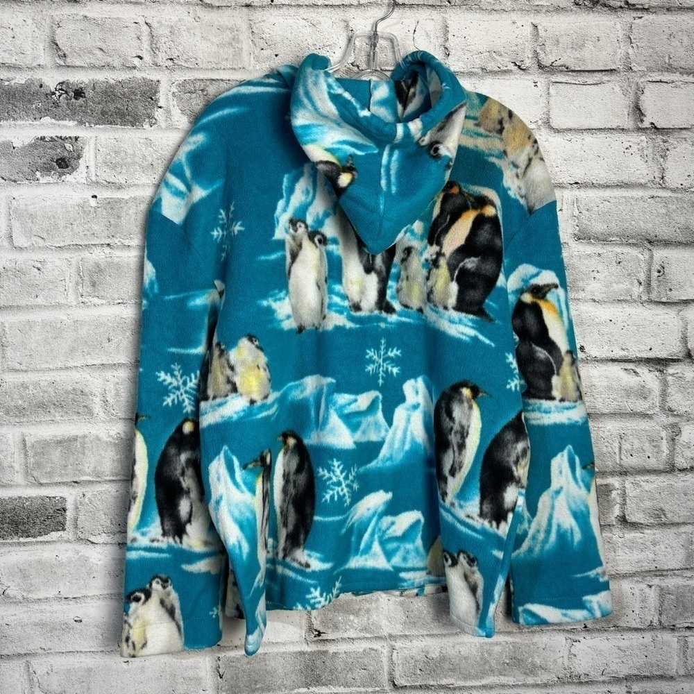 Fleece Full Zip Hoodie Penguin Print Aqua White Hand Sewn Retro Teddy Jacket